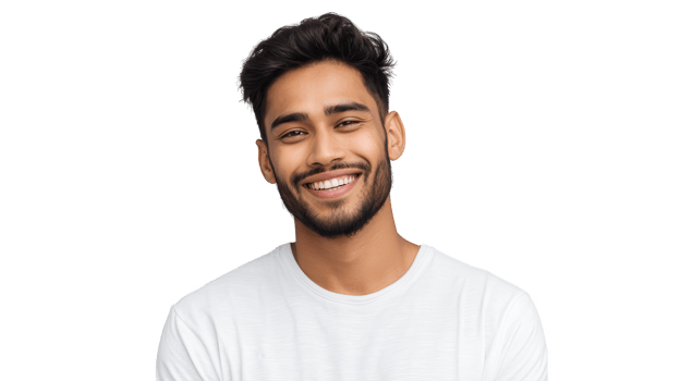 Handsome man with dark hair and beard smiles broadly wearing a white shirt against transparent background png