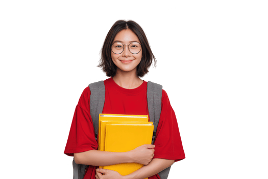 Smiling student wearing glasses and backpack holding yellow books ready for school or college study png