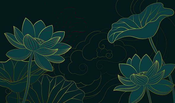 Horizontal Chinese style linear lotus illustration with auspicious cloud background vector