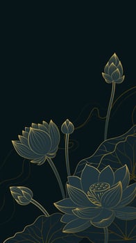 Vertical Chinese style linear lotus illustration with line background vector