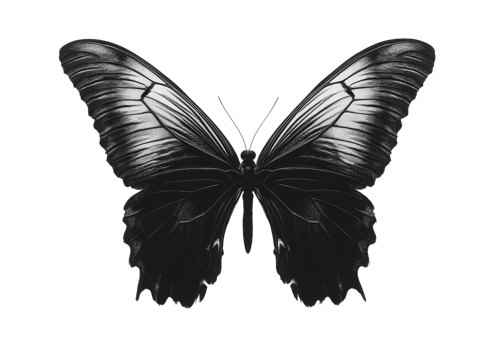 Silhouette of butterfly with soft grayscale wings and artistic brushstroke effect isolated on a transparent background png