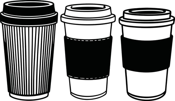 Disposable Coffee Cup Illustrations in Black and White with Sleeves vector