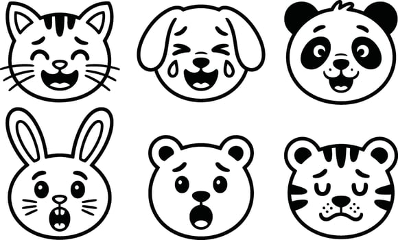 Black and White Animal Faces Cat Dog Panda Rabbit Bear Tiger Expressions vector