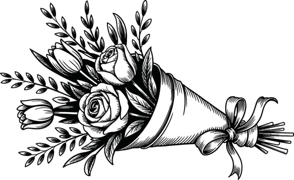 Black and white floral bouquet illustration with roses tulips and ribbon vector