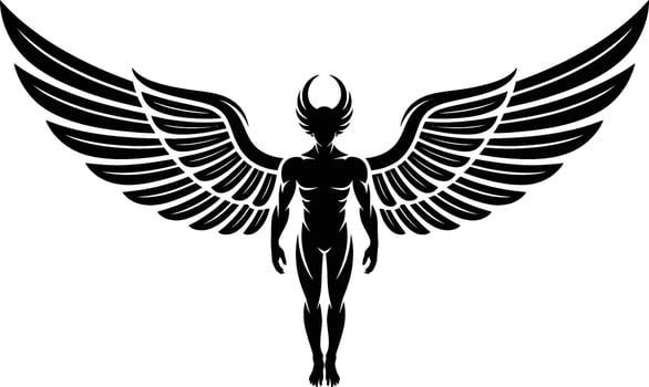Black Silhouette of a Winged Human Figure with Horns on White Background vector