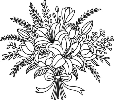 Black and white floral bouquet illustration with lilies and ribbon vector