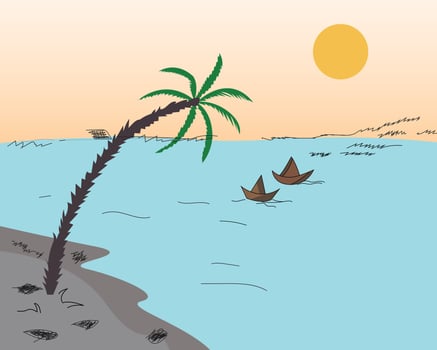 Tropical Sunset Beach with Palm Tree and Boats, Hand-Drawn Landscape Art Illustration vector