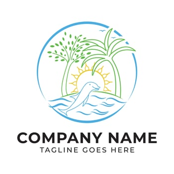 Tropical Paradise Logo Design Featuring Dolphin Sun and Palm Trees Evoking Serenity and Nature Connection for Travel Branding vector
