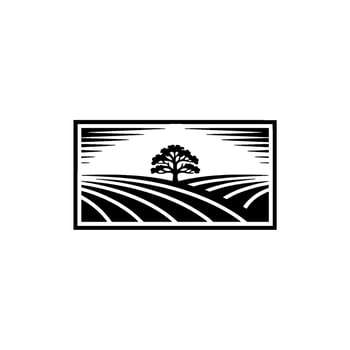 Serene Landscape Emblem Rustic Tree Silhouette on Rolling Hills vector
