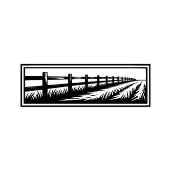 Rustic Fence Silhouette, Pastoral Landscape Illustration vector