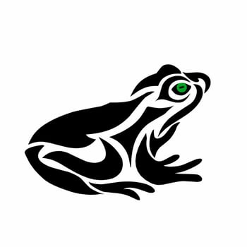 Stylized tribal frog silhouette in black with a striking green eye vector