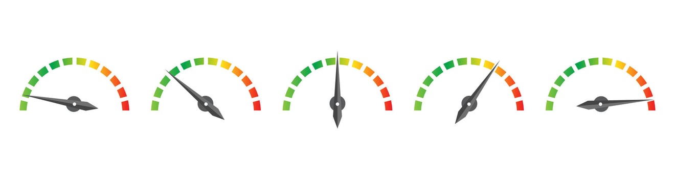 Speedometer Performance Rating Icons Set Colorful Gauge Meters Showing Level Indicators for Power, Speed, Load, or Efficiency process vector