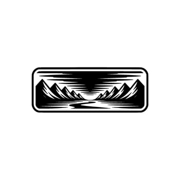 Monumental Peaks, Serene Reflection - Vintage Landscape Emblem vector