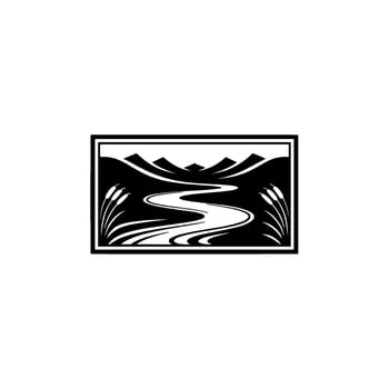 Serene Riverscape Emblem, Minimalist Black White vector