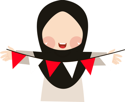 Cartoon Muslim Girl Holding Red and White Bunting Flags with a Cheerful Smile png