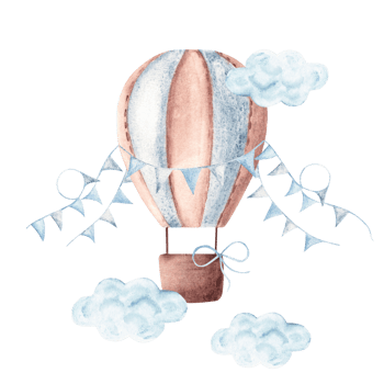 Watercolor Hot Air Balloon with blue pennants flying in clouds. Hand drawn baby boy illustration in pastel colors. Vintage style. For kids goods, cards and posters. png