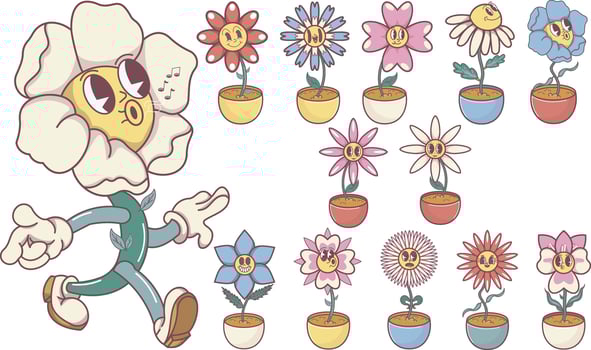 Colorful cartoon flowers and character vector