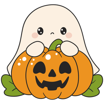 halloween ghost hiding behind pumpkin in kawaii cartoon flat style png