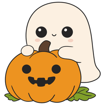 halloween cute ghost hiding behind a pumpkin in flat color cartoon style png