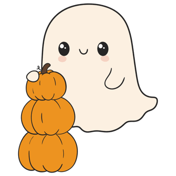 halloween cartoon ghost holding stacked pumpkins in kid friendly flat style png