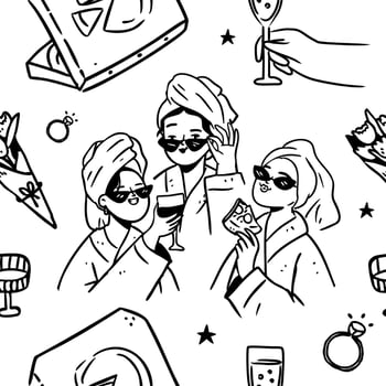 Whimsical bachelorette party seamless pattern tile, girls night party hand drawn line art seamless pattern vector