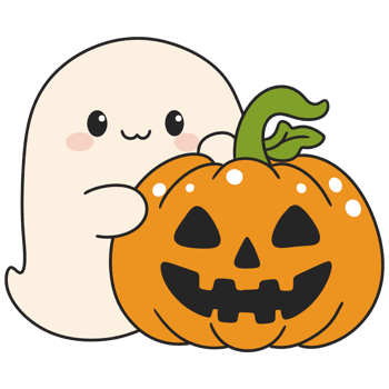 halloween cartoon ghost peeking from behind a pumpkin in kid friendly design png