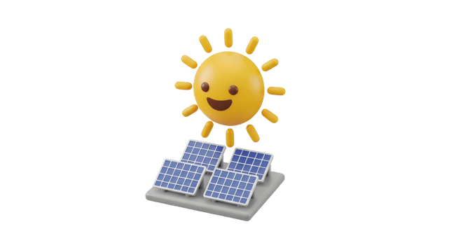 Happy cartoon sun shining over blue solar panels, symbolizing clean energy and sustainable power generation on transparent background. png