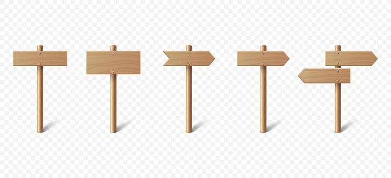 Realistic Wooden Blank Sign Post Set. Realistic Road Signboard. Plywood Pointer, Timber, Directional Sign Design Template, Front View. Illustration in 3D Style vector