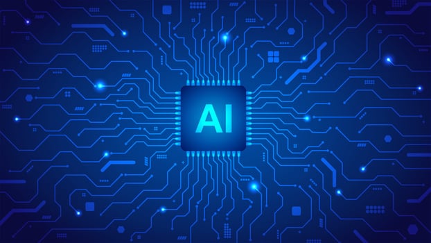 tech Artificial intelligence microprocessor in middle of circuit board in blue background template vector