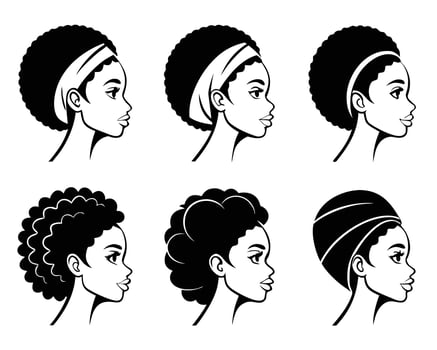 six black women portraits in silhouette depicting various hairstyles vector