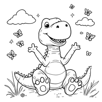 Charming Baby Dinosaur Sitting Contentedly Surrounded by Fluttering Butterflies and Fluffy Clouds vector