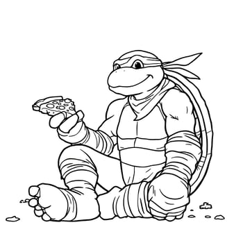 Cute Teenage Mutant Ninja Turtle Sitting Down Enjoying a Delicious Slice of Pizza Coloring Page Fun Activity vector
