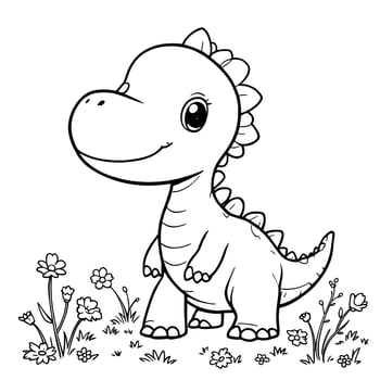Cute Baby Dinosaur in a Field of Flowers Enjoying a Sunny Day for Coloring Fun vector
