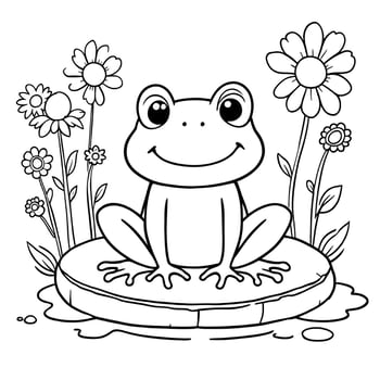Cute Frog Sitting on a Lily Pad Surrounded by Flowers Fun Line Art Coloring Page for Kids vector