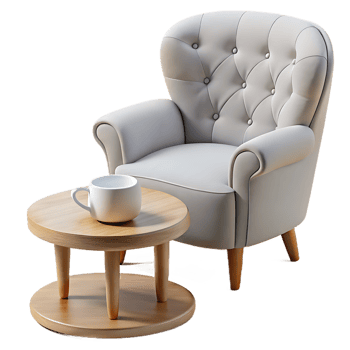 Cozy armchair with table and cup of coffee png
