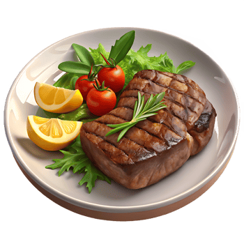 Grilled steak with lemon wedges and cherry tomatoes on plate png