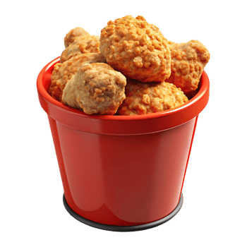 Crispy fried chicken spilling from bright red bucket png