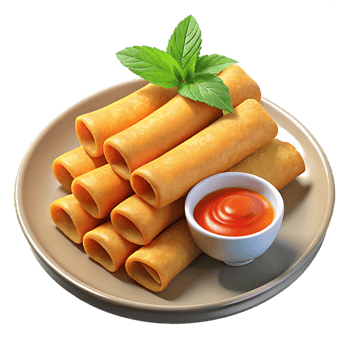Golden fried spring rolls served with spicy dipping sauce and fresh basil png