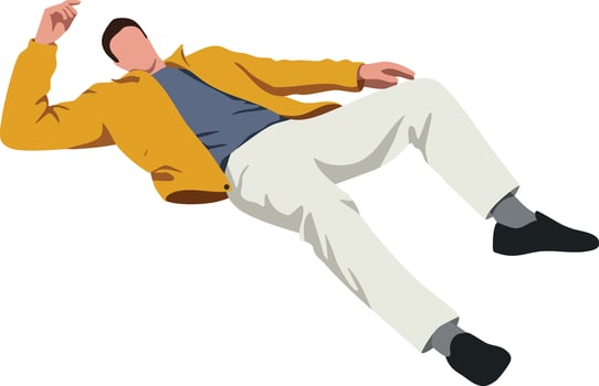Man lying down relaxed in mustard jacket and white pants casual fashion illustration vector
