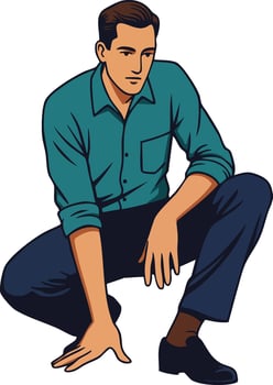 Man crouching in thoughtful pose wearing teal shirt and navy pants illustration for design and creativity projects vector