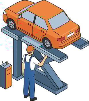 Car repair service with mechanic working under orange vehicle on lift in garage illustration vector