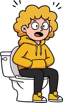 Cartoon person sitting on toilet looking surprised and worried in yellow hoodie black pants and shoes illustration vector
