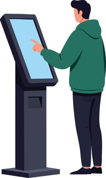 Man using touch screen kiosk terminal for digital interaction technology design vector
