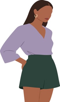 Woman wearing purple blouse and dark green shorts standing with hand on hip illustration vector