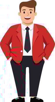 Young man smiling standing with hands in pockets wearing red jacket and black tie illustration vector