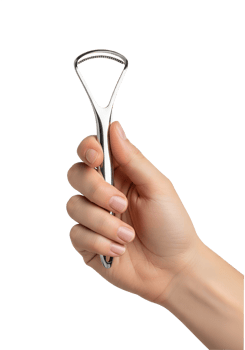 Hand holding metallic tongue scraper for oral hygiene, dental care tool, isolated on transparent background, fresh breath, morning routine, health concept png