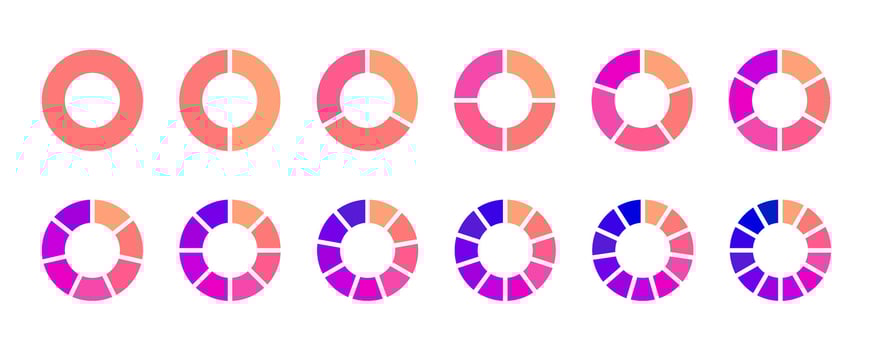 Donut chart segments collection. Wheel diagrams set in pink purple orange colors. Sections and slices pack. From 1 to 12 segments of infographic charts. Different phases and stages of cycle. vector