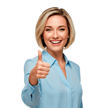 Smiling woman wearing blue blouse showing thumb up and smiling cut out png