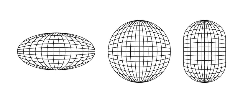 Wireframe shapes. Sphere, ellipse. Globe grid frame elements set. Geometric round net. Outline graphic design collection. vector