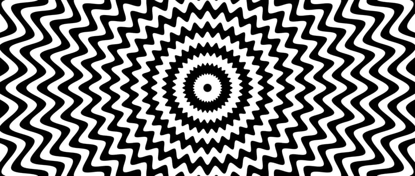 Radial optical illusion background. Black and white abstract wave lines surface. Poster design. Concentric torsion spiral illusion wallpaper. vector